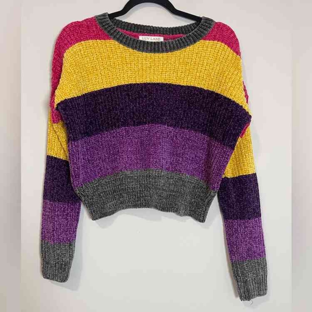 Women's Striped Crew Neck Sweater - Pink, Yellow, Purple, Gray